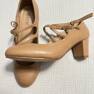 Tan Chunky Heel Mary Jane Shoes